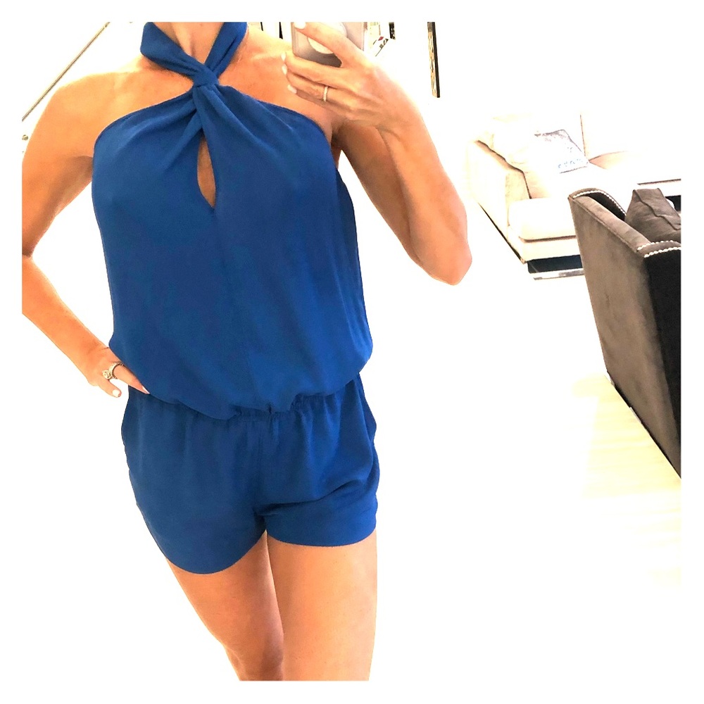 BCBG one piece blue halter romper coverup